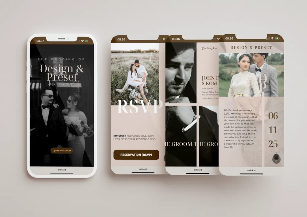 Tampilan desain undangan Fullpage Minimalist di beberapa layar ponsel