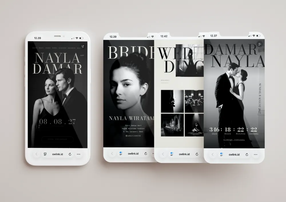 Tampilan desain undangan Vogue Noir (One Page) di beberapa layar ponsel