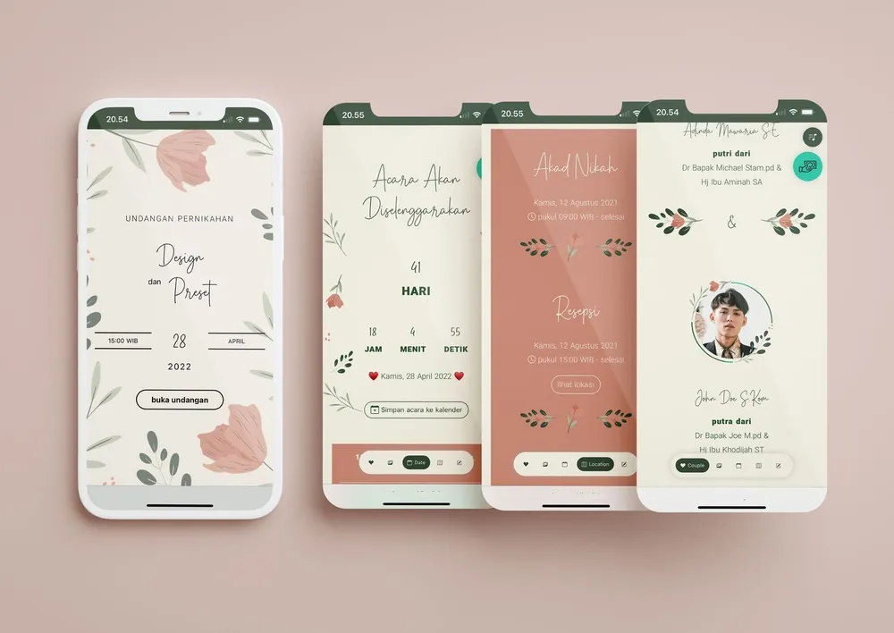 Tampilan desain undangan Vintage flowers di beberapa layar ponsel