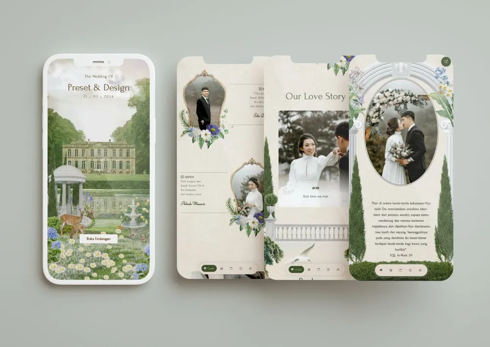 Tampilan desain undangan Secret Garden New di beberapa layar ponsel