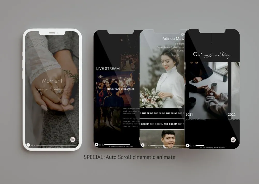 Tampilan desain undangan Auto Scrolled Cinematic di beberapa layar ponsel