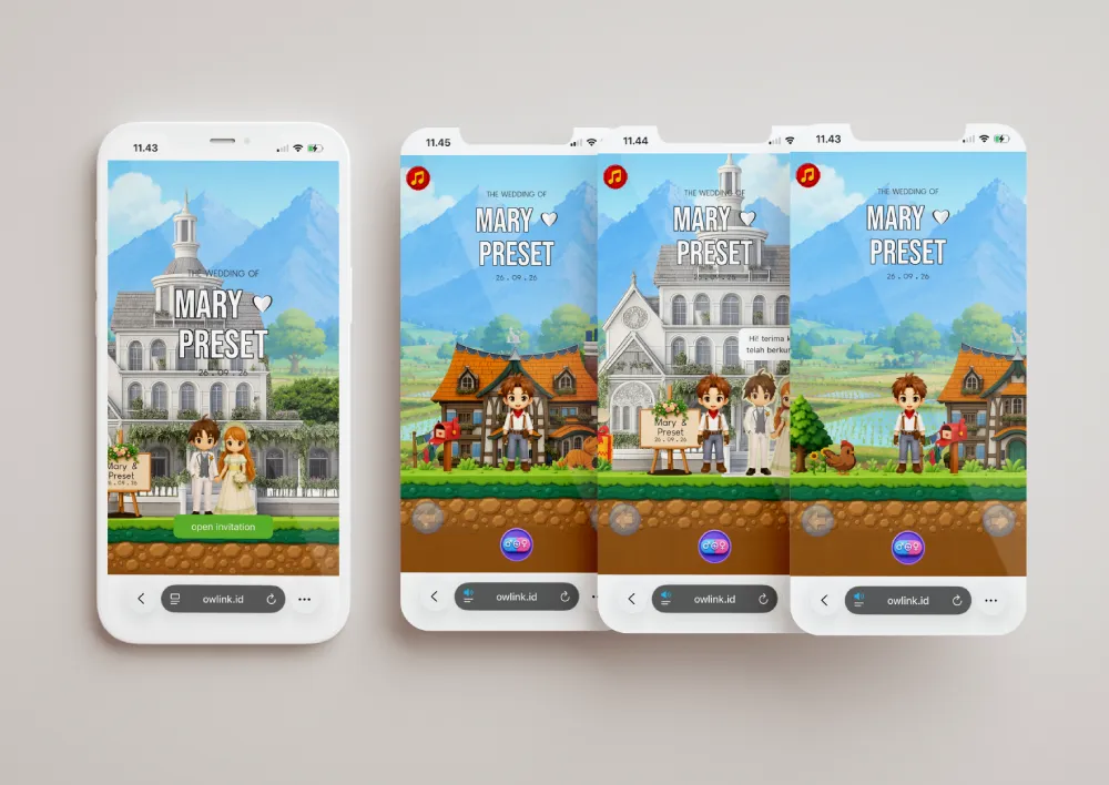 Tampilan desain undangan Game - Harvest Moon SoS di beberapa layar ponsel