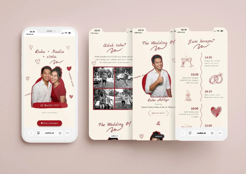 Tampilan desain undangan Love Doodle di beberapa layar ponsel