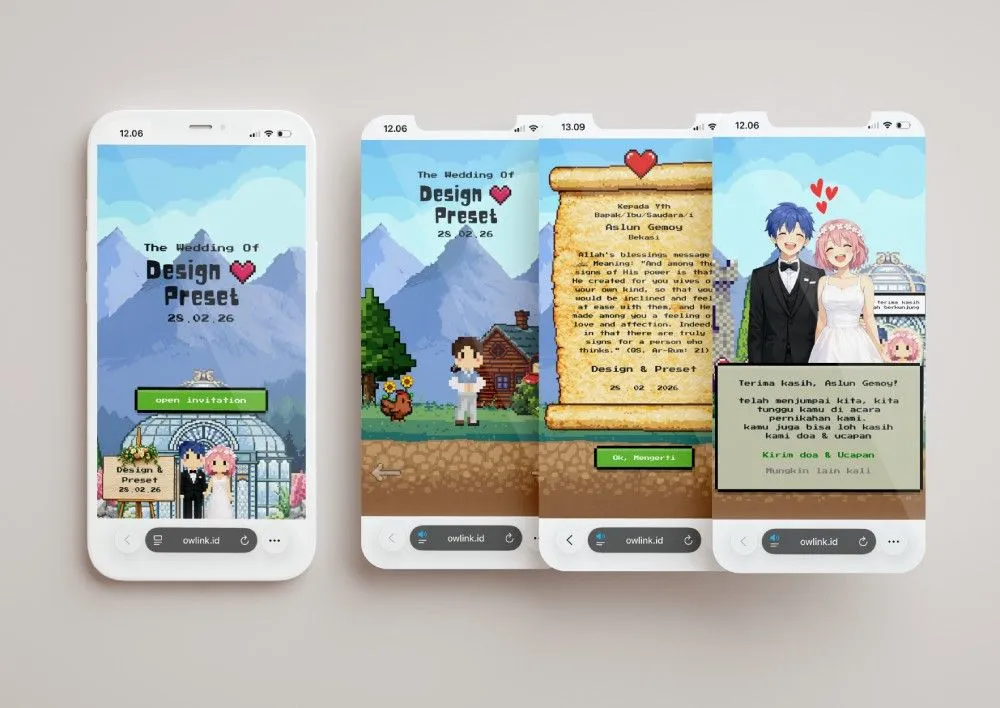 Tampilan desain undangan Pixel Game World di beberapa layar ponsel