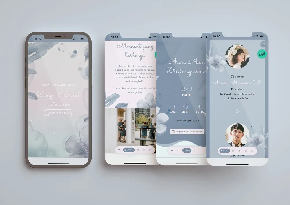 Tampilan desain undangan Calm Blue di beberapa layar ponsel