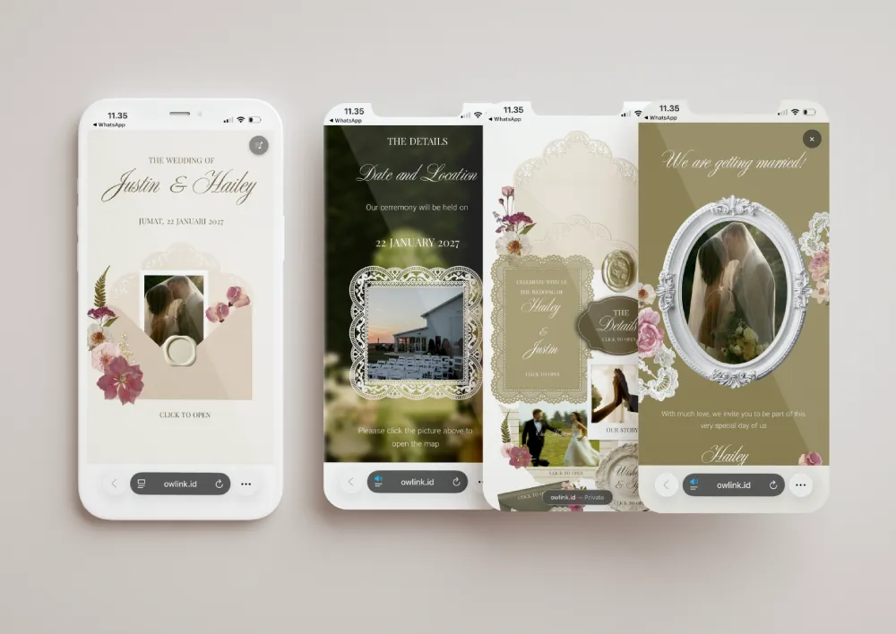 Tampilan desain undangan Keepsake Wedding di beberapa layar ponsel
