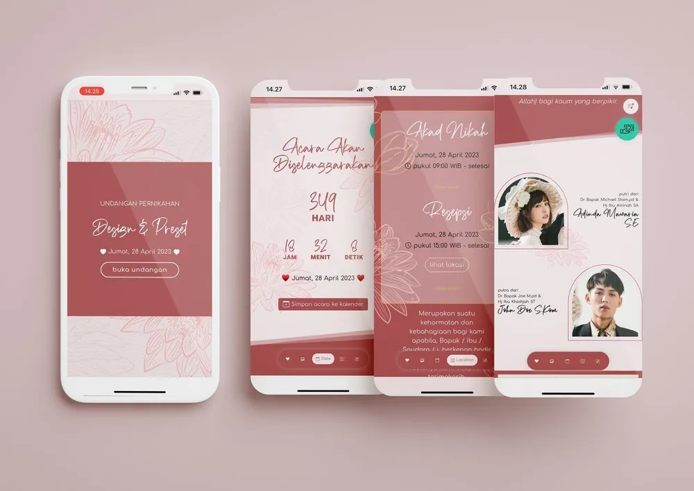 Tampilan desain undangan Lotus In Red di beberapa layar ponsel