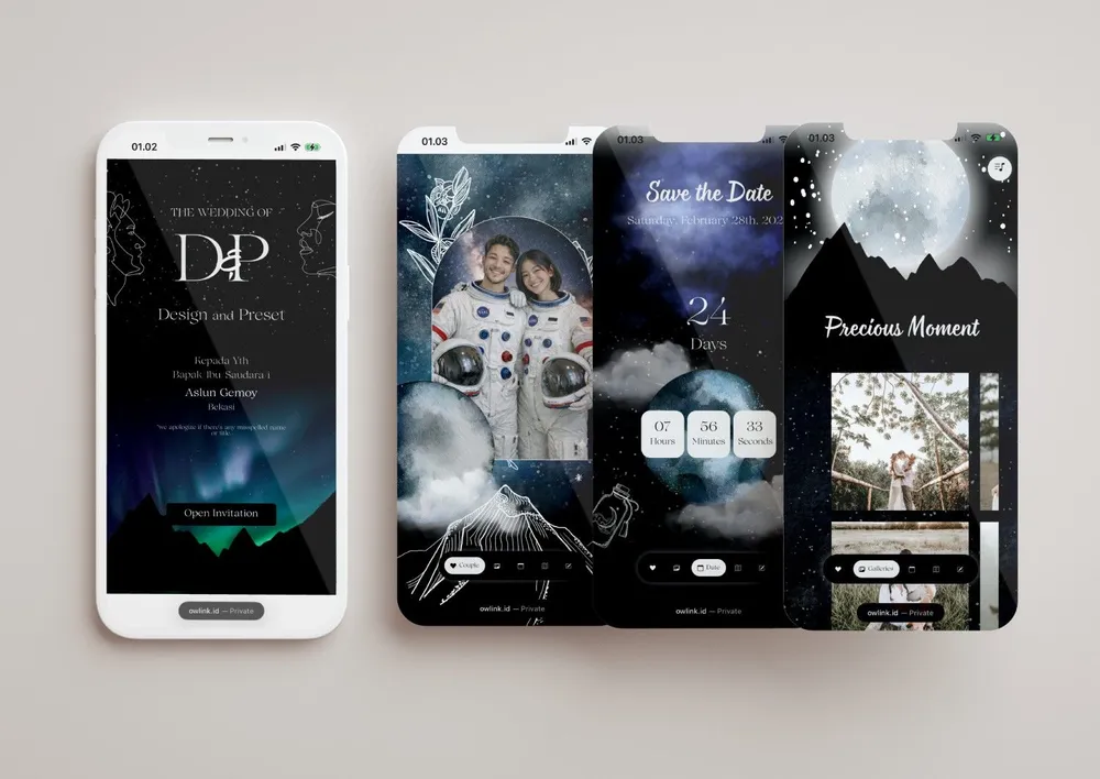 Tampilan desain undangan Lunare Cosmos di beberapa layar ponsel