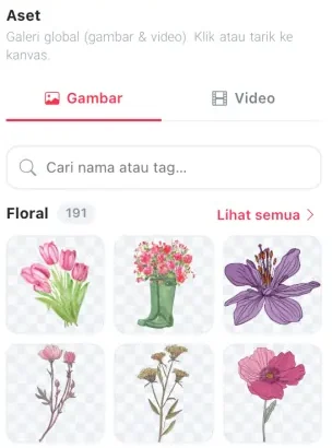 Potongan layar asli panel Aset: galeri hiasan Floral dengan kotak pencarian.