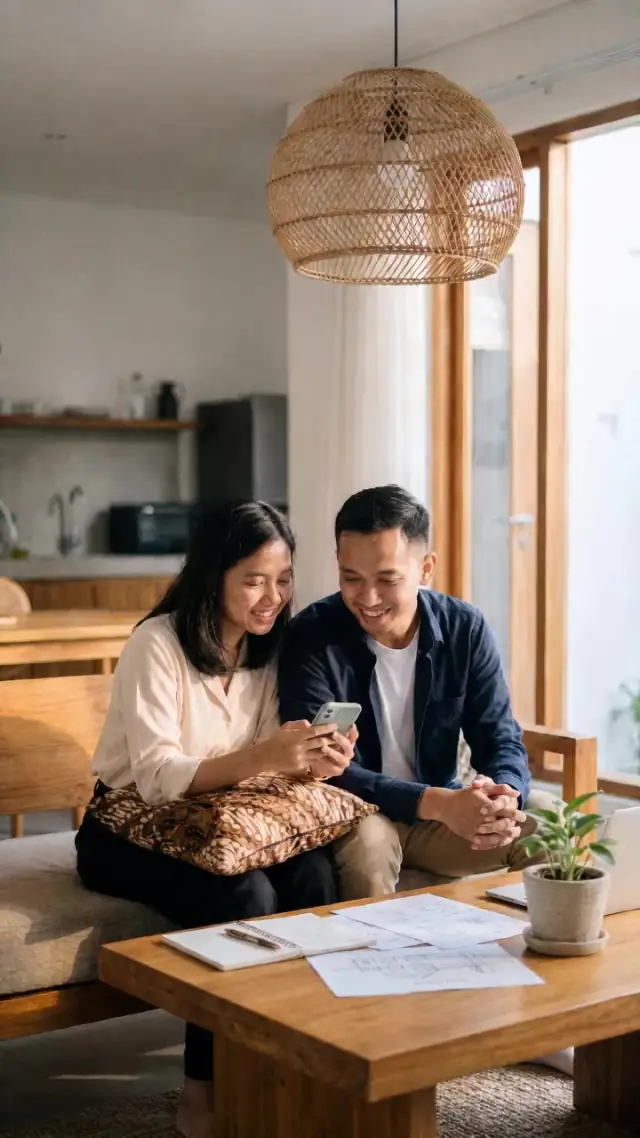 Pasangan calon pengantin menyiapkan undangan digital di HP sambil tersenyum.
