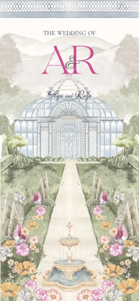 Sampul desain Glass Wonder: rumah kaca bergaya ilustrasi cat air dengan inisial A dan R.